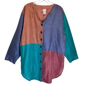 VTG Silk Colorblock Relaxed Fit Long Line Button-Up Tunic, 3/4 Sleeves - Size 2X